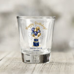 90th Birthday Navy Blue Balloon Cake Shot Glass<br><div class="desc">This modern 90th birthday party shot glass featuring a 2-layer navy blue and gold cake with navy blue and gold balloons, the number 90 in gold and the guest of honour's name and the party date would be perfect for celebrating your husband, brother, dad, uncle, grandfather, great grandfather, friend. They...</div>