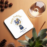 90th Birthday Navy Blue Balloon Cake Square Paper Coaster<br><div class="desc">These modern 90th birthday party square paper coasters featuring a 2-layer navy blue and gold cake with navy blue and gold balloons, the number 90 in gold and the guest of honour's name and the party date would be perfect for celebrating your husband, brother, dad, uncle, grandfather, great grandfather, friend....</div>