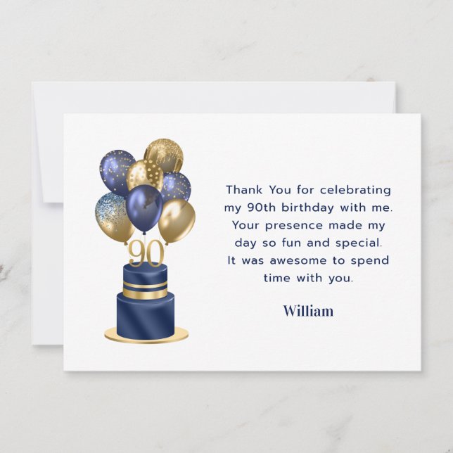 90th Birthday Navy Blue Balloon Cake Thank You Card (Front)
