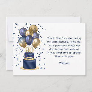 90th Birthday Navy Blue Balloon Cake Thank You Card