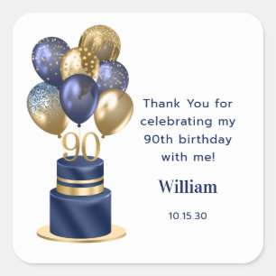 90th Birthday Navy Blue Balloon Cake Thank You Square Sticker