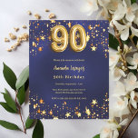 90th birthday navy blue gold stars invitation<br><div class="desc">A modern,  stylish invitation for a 90th birthday.  A navy blue background,  decorated with golden stars. The blue colour is uneven. Personalise and add your name and party details.  

1 sheet = 1 invitation printed edge to edge.</div>