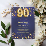 90th birthday navy blue gold stars invitation<br><div class="desc">A modern,  stylish invitation for a 90th birthday.  A navy blue background,  decorated with golden stars. The blue colour is uneven. Personalise and add your name and party details.</div>