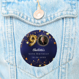 90th birthday navy blue gold stars photo 6 cm round badge