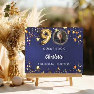 90th Birthday navy blue gold stars photo Guest Book