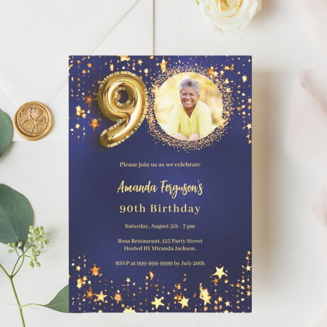90th birthday navy blue gold stars photo luxury invitation (Creator Uploaded)