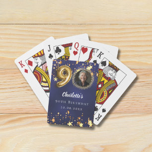 90th birthday navy blue gold stars photo playing cards