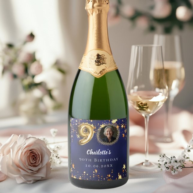 90th birthday navy blue gold stars photo sparkling wine label (Creator Uploaded)