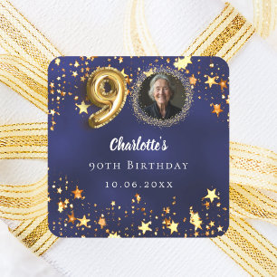 90th birthday navy blue gold stars photo square sticker