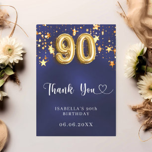 90th birthday navy blue gold stars thank you card