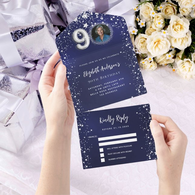 90th Birthday navy blue photo silver stars rsvp All In One Invitation (Creator Uploaded)