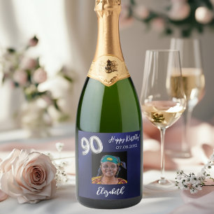 90th Birthday navy blue photo Sparkling Wine Label