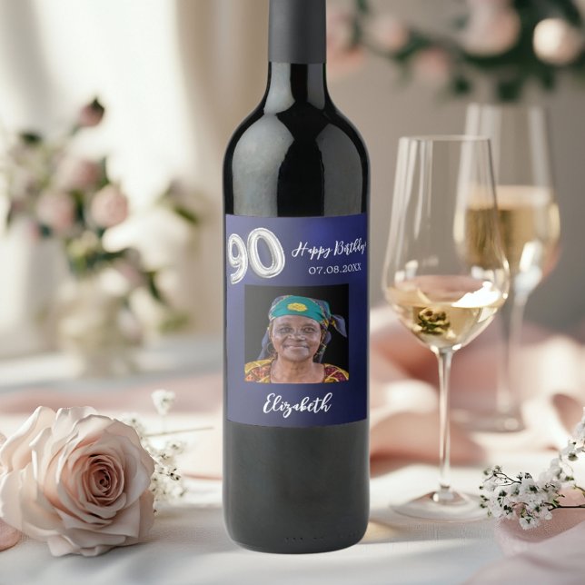 90th Birthday navy blue photo Wine Label (Creator Uploaded)