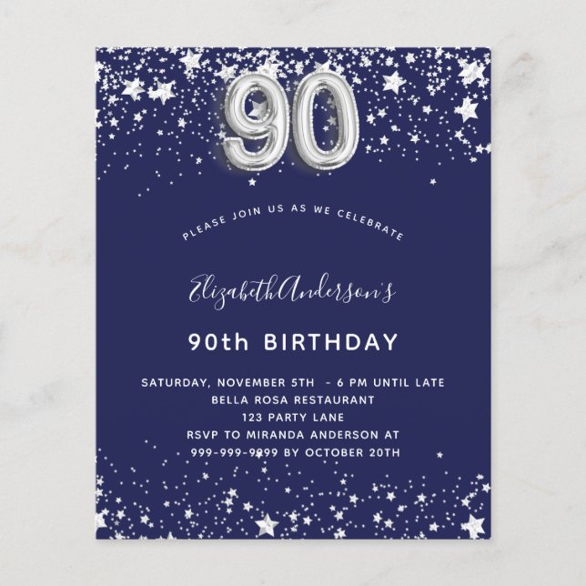 90th birthday navy blue silver budget invitation flyer (Front)