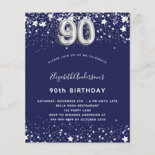 90th birthday navy blue silver budget invitation flyer