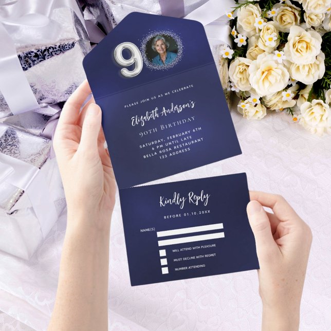 90th Birthday navy blue silver photo rsvp All In One Invitation (Creator Uploaded)