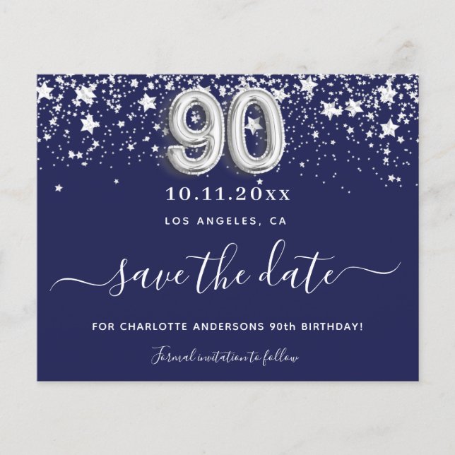 90th birthday navy blue silver save date budget flyer (Front)