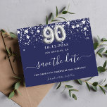 90th birthday navy blue silver save date card<br><div class="desc">A girly and trendy Save the Date card for a 90th birthday party. A navy blue coloured background. Decorated with faux silver stars. The text: Save the Date is written with a large trendy hand lettered style script. Number 90 is written with a balloon style font.</div>