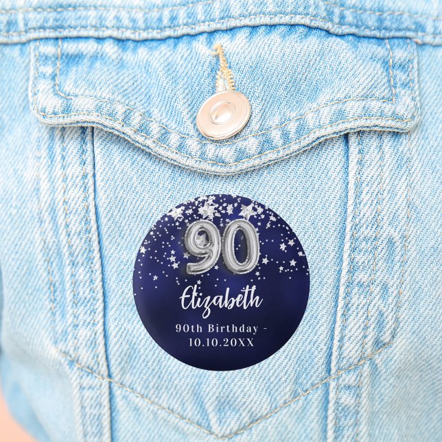90th birthday navy blue silver stars 3 cm round badge (Creator Uploaded)