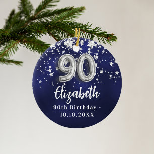 90th birthday navy blue silver stars ceramic tree decoration