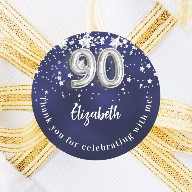 90th birthday navy blue silver stars classic round sticker (Creator Uploaded)