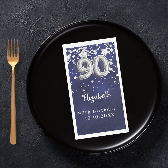 90th Birthday navy blue silver stars Napkin (Creator Uploaded)