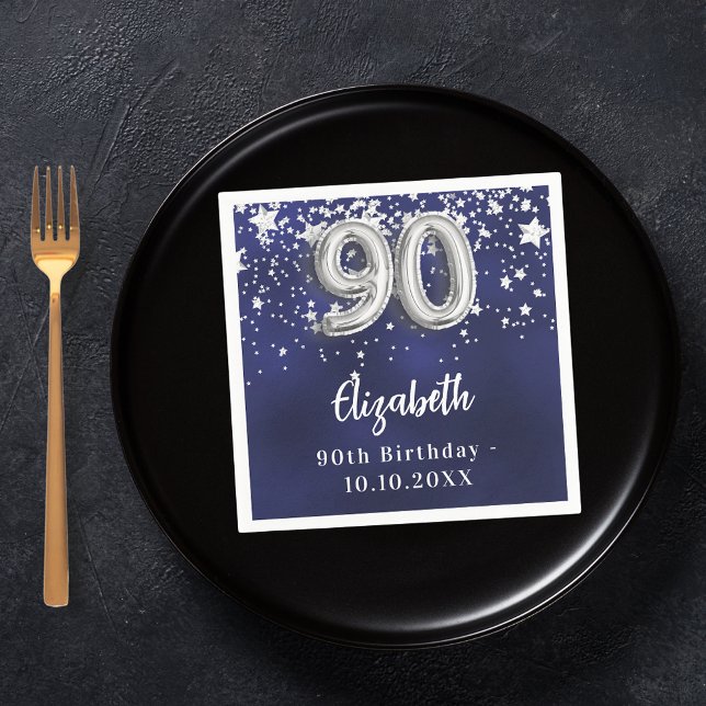 90th birthday navy blue silver stars napkin (Creator Uploaded)