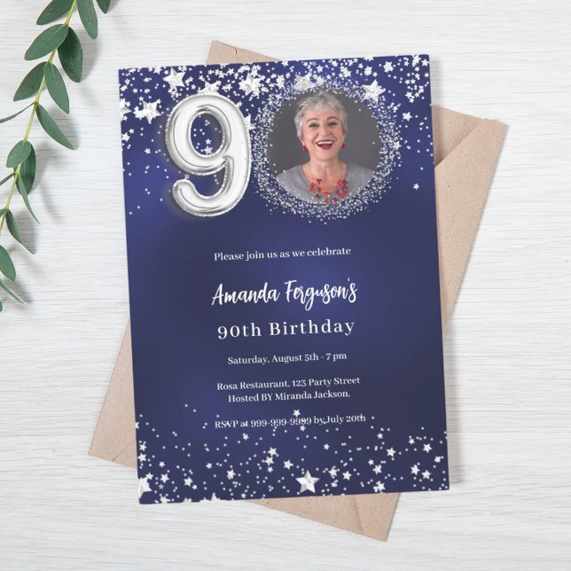 90th birthday navy blue silver stars photo luxury invitation (Creator Uploaded)