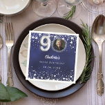 90th birthday navy blue silver stars photo napkin<br><div class="desc">Navy blue uneven coloured background, decorated with faux silver stars. Personalise and add a photo, name, age, date. Celebrate in Style – 90th Birthday Blue & Gold Photo Napkins Add a personal touch to your milestone celebration with these elegant 90th birthday napkins. Featuring a stylish blue background, silver looking stars,...</div>