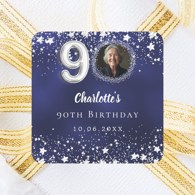 90th birthday navy blue silver stars photo square sticker (Creator Uploaded)