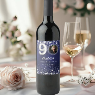 90th birthday navy blue silver stars photo wine label