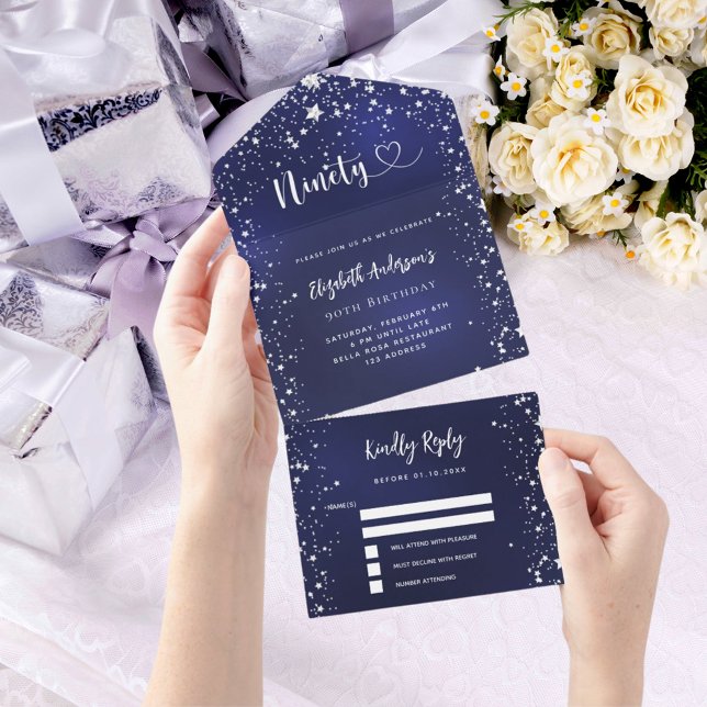 90th Birthday navy blue silver stars rsvp All In One Invitation (Creator Uploaded)