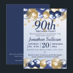 90th Birthday Navy Gold Balloons Party Invitation<br><div class="desc">A stylish 90th birthday Party Invitation . Design features navy blue and gold balloons, Gold glittery starts and navy blue text all on a pale blue gradient background. A lovely design inviting your guests to join you for a 90th birthday party celebration. Easy to customize with your own party details....</div>