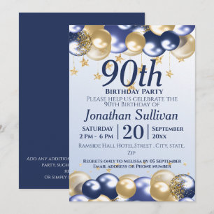 90th Birthday Navy Gold Balloons Party Invitation