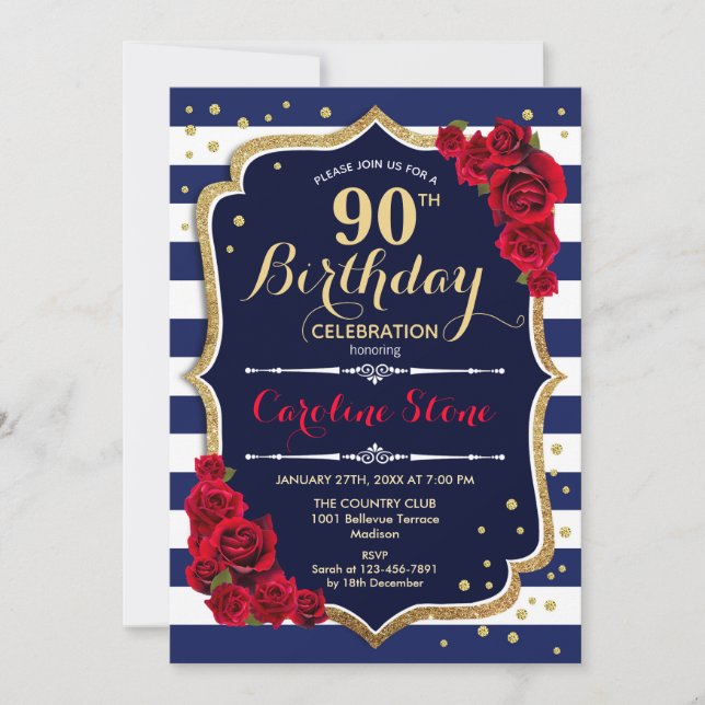 90th Birthday - Navy White Stripes and Red Roses Invitation (Front)
