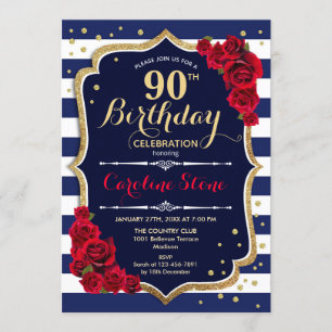 90th Birthday - Navy White Stripes and Red Roses Invitation