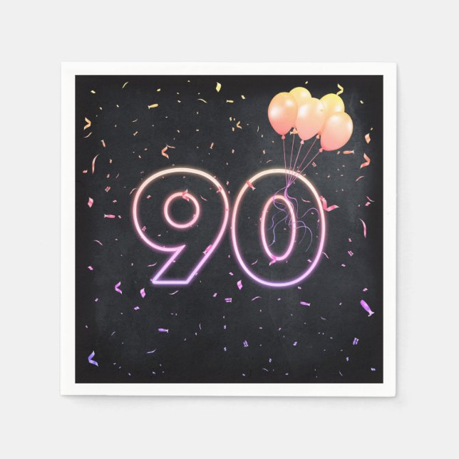 90th Birthday Neon Sign On Black Napkins (Front)