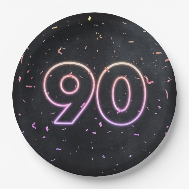 90th Birthday Neon Sign On Black Paper Plate (Front)