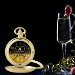 90th birthday ninetieth chic gold bow black name pocket watch<br><div class="desc">Elegant, classic, glamourous and feminine. A faux gold coloured bow and ribbon with golden glitter and sparkle, a bit of bling and luxury for a birthday gift or keepsake. Black background. Templates for her name, and the age 90. The name is written with a modern hand lettered style script. Golden...</div>