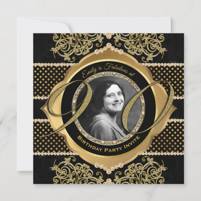 90th Birthday Ninetieth Gold Diamond Photo Frame Invitation (Front)