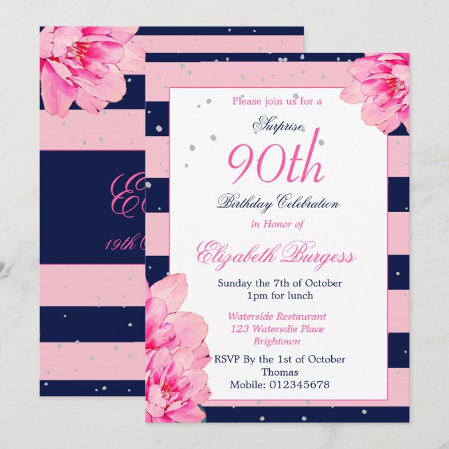 90th Birthday Ninetieth Roses Navy Pink  Monogram Invitation (Front/Back)