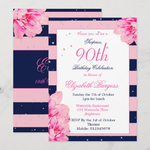 90th Birthday Ninetieth Roses Navy Pink  Monogram Invitation