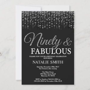 90th Birthday Ninety and Fabulous Silver Glitter Invitation