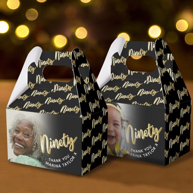 90th birthday ninety script gold black photo Favou Favour Box (Creator Uploaded)