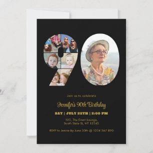 90th Birthday Number 90 Photo Collage Modern Black Invitation