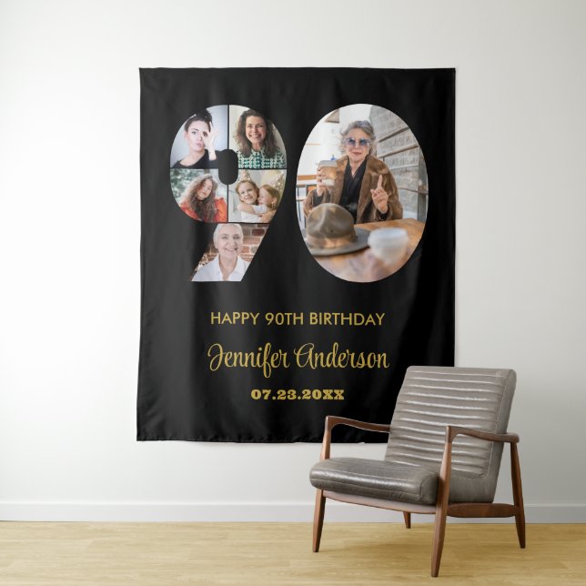 90th Birthday Number 90 Photo Collage Modern Black Tapestry (In Situ)