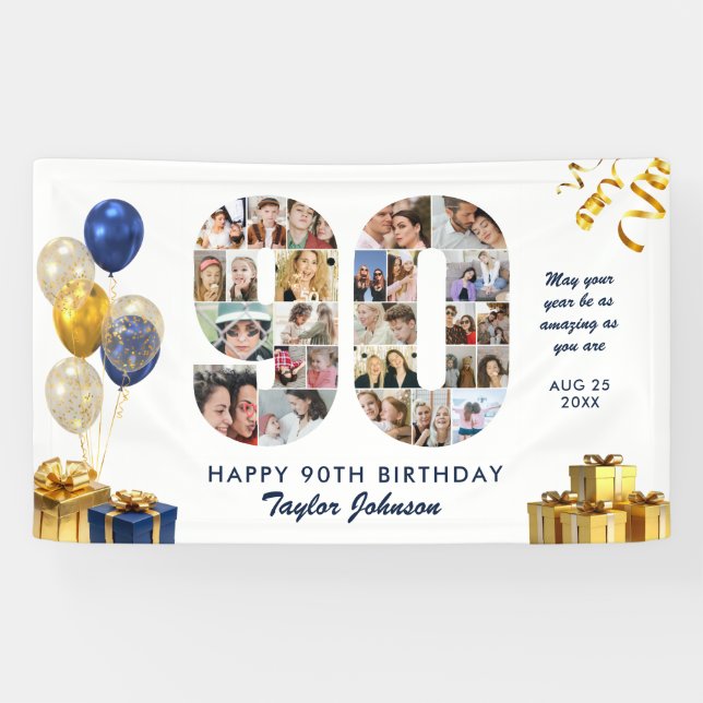 90th Birthday Number 90 Photo Collage White Gold Banner (Horizontal)