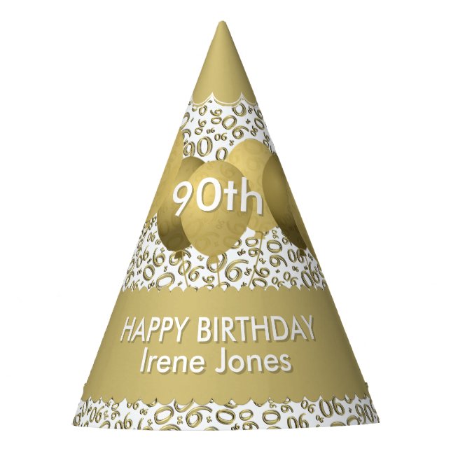 90th Birthday Number Pattern Gold/White Scallops Party Hat (Front)