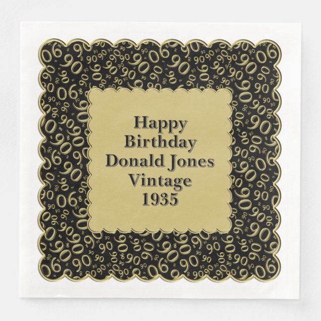 90th Birthday Number Pattern Scallops Black/Gold Napkin (Front)