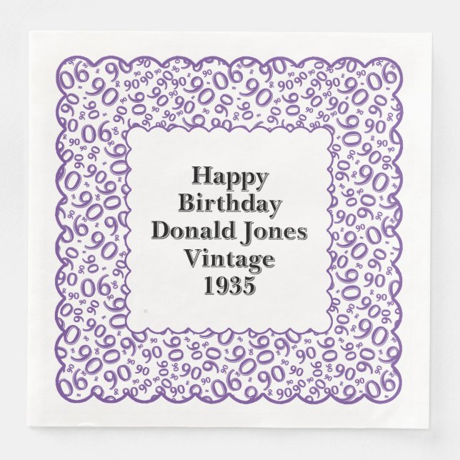 90th Birthday Number Pattern Scallops Purple/White Napkin (Front)